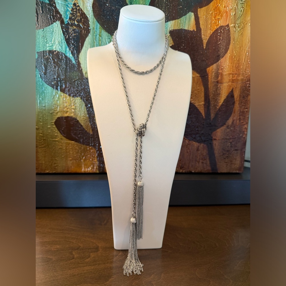 Silver Tone Double Tassel Lariat Necklace